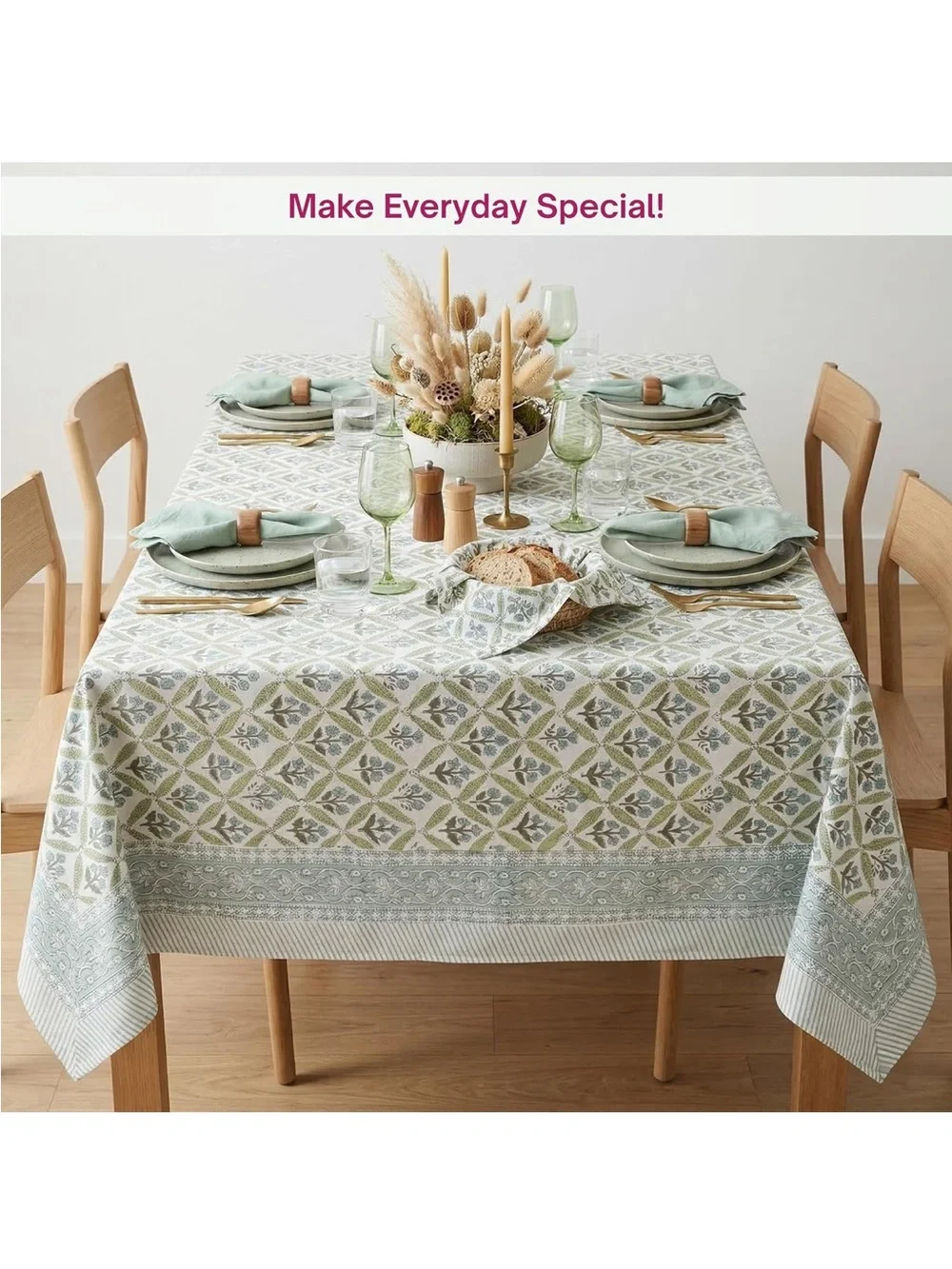 NEW ATOSII 100% Cotton Blockprint Rectangle Table Cloth, Netta Green
